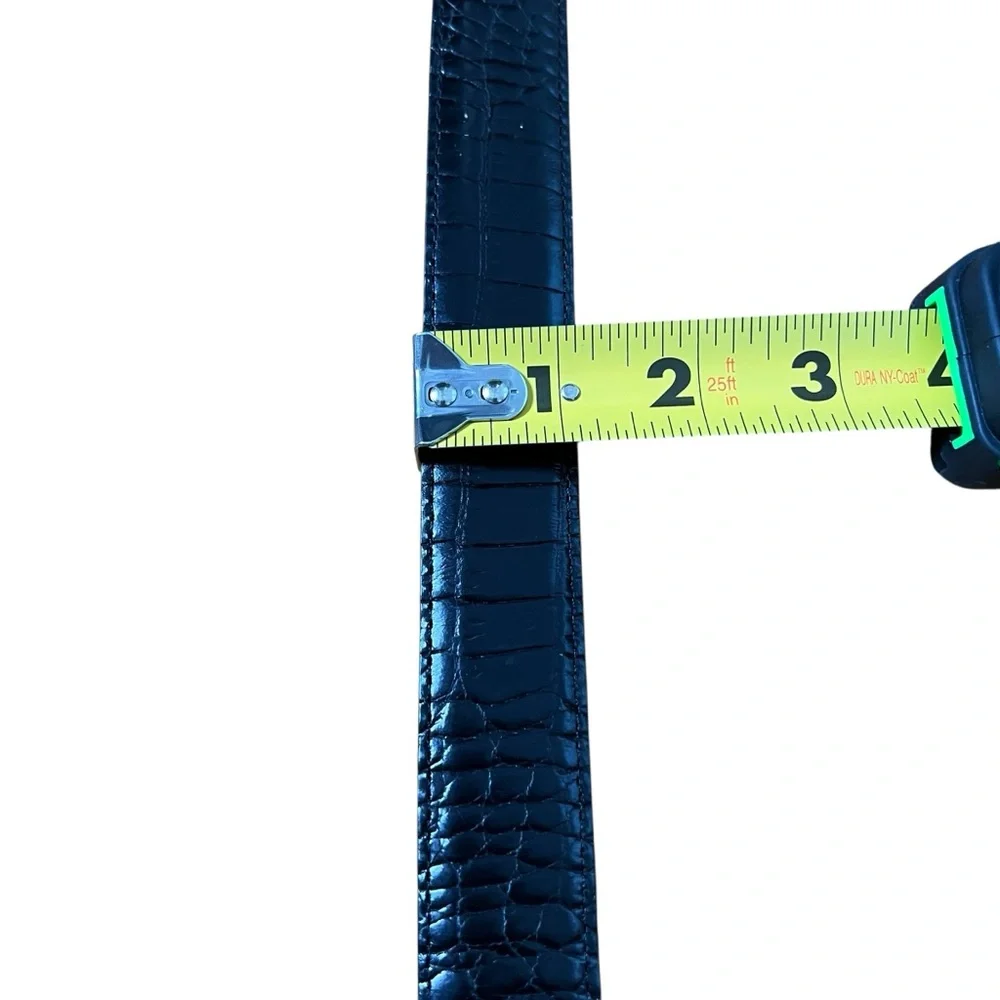 Leather Mock Croc Embossed Black Belt with Silvertone Etched Buckle SZ L
